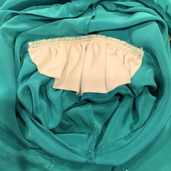 Vintage Liz Claiborne Button Up V Neck Ruffle Blouse Embossed Turquoise - Picture 6 of 12